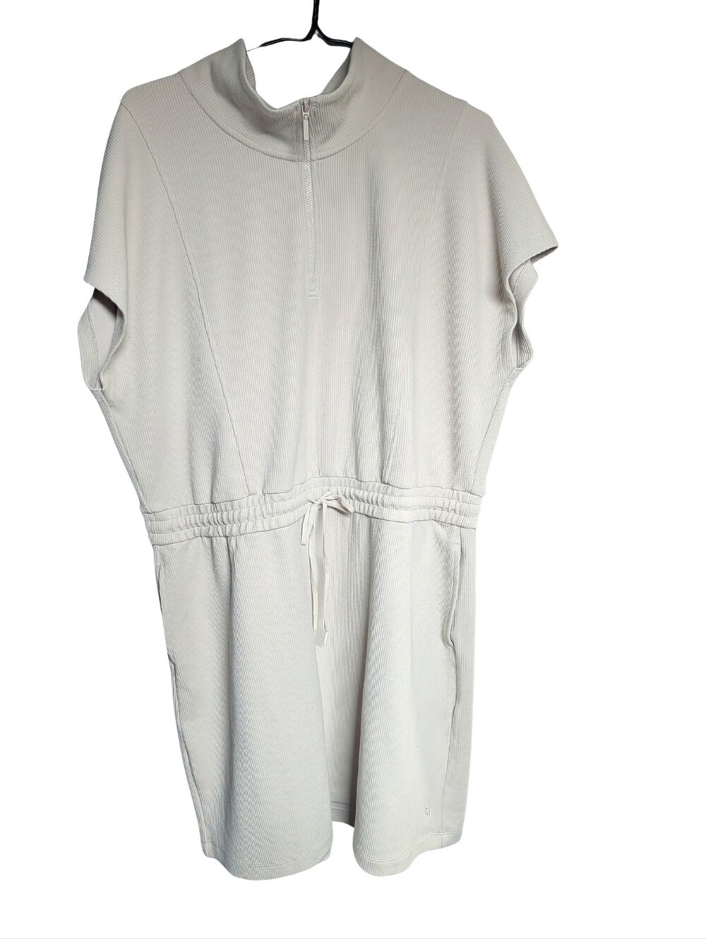 Hyba Cream Short Sleeve Drawstring Waist Dress with Zip Neck